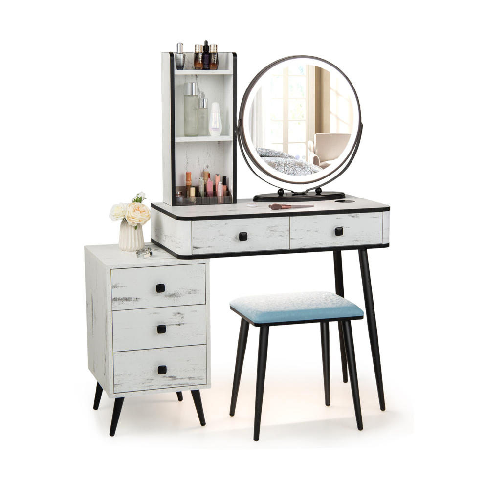 Dressing Vanity Table Stool Set W/ 3-Color Lighted Mirror &Drawer Chest