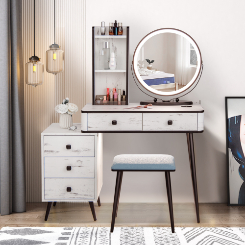 Casart Dressing Vanity Table Stool Set W/ 3-Color Lighted Mirror &Drawer Chest 2