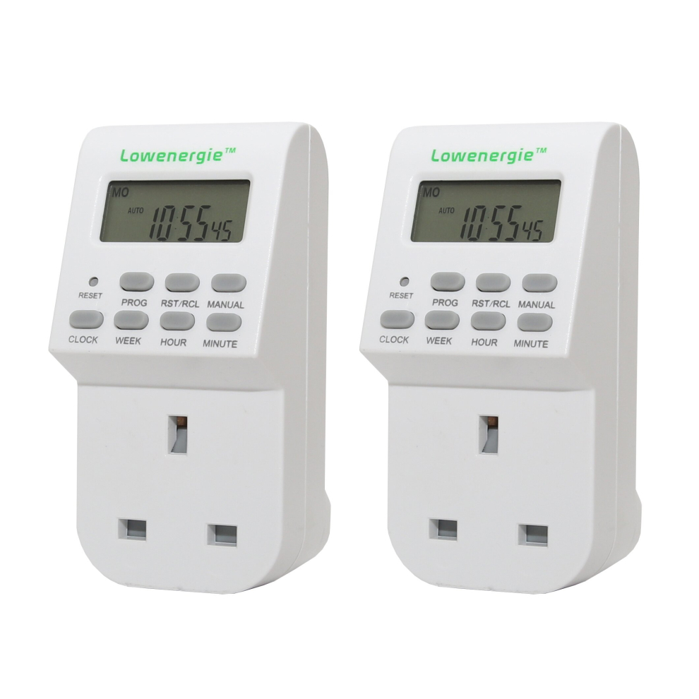 (2 Pack) Lowenergie 7 Day Programmable Digital Plug-in Electronic Timer Socket 12-24 Hour