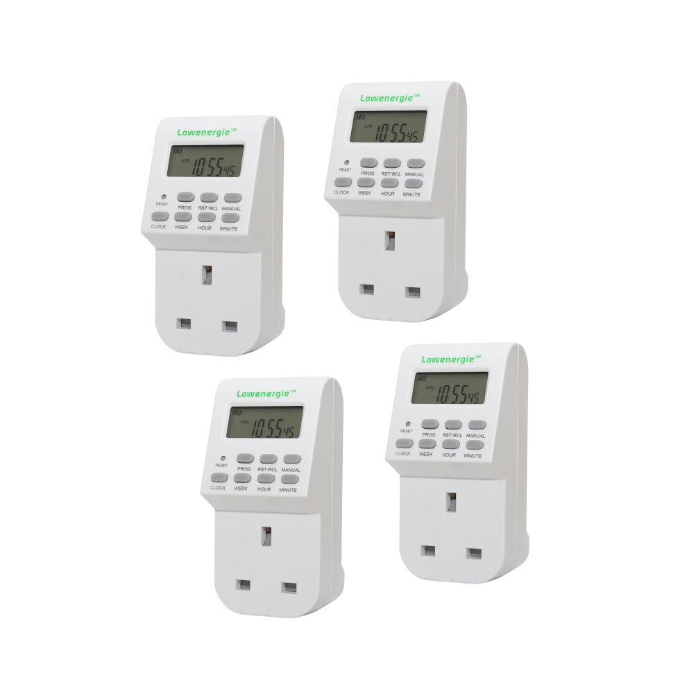 (4 Pack) Lowenergie 7 Day Programmable Digital Plug-in Electronic Timer Socket 12-24 Hour