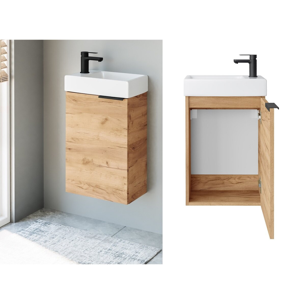 Bathroom Vanity Unit Cloakroom 400mm Sink Wall Cabinet Oak Effect Avir