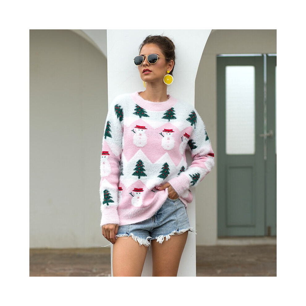 (Pink, M) Christmas sweater Christmas tree snowman pullover sweater women Pink S