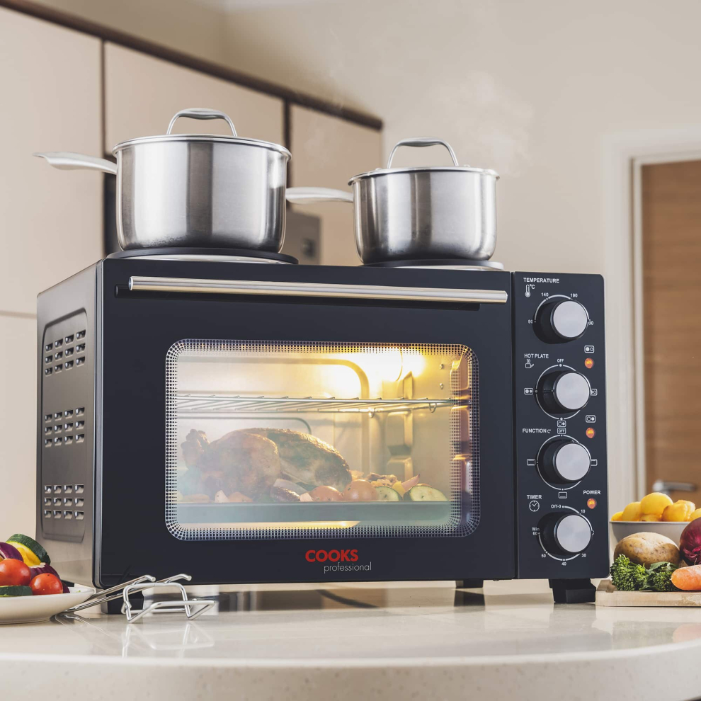 Cooks Professional 28L Mini Oven Hob Cooker Grill With Electric Hob Double Hotplate