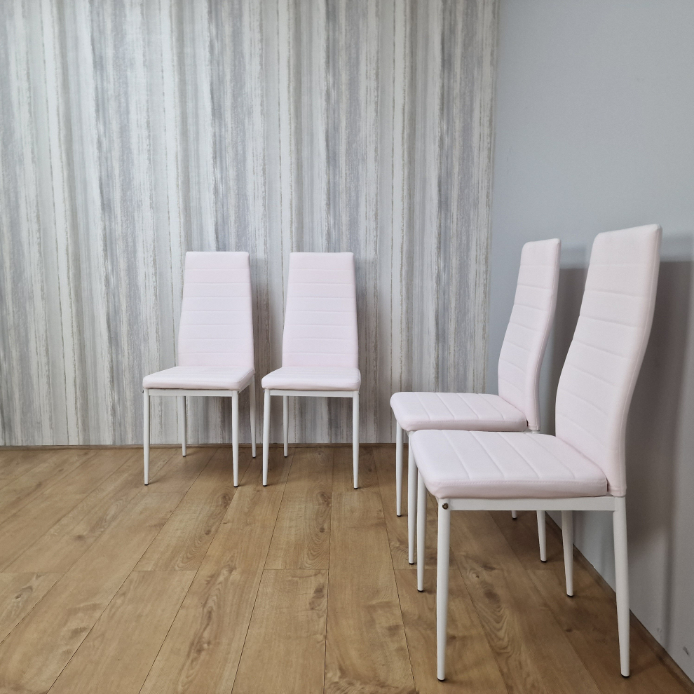 Four White Faux Leather Padded Chairs With Tint Of Pink