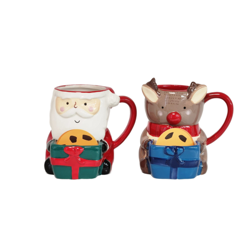 (Santa + Reindeer Mug Set) Christmas Theme Coffee Mug with Cookie Holder