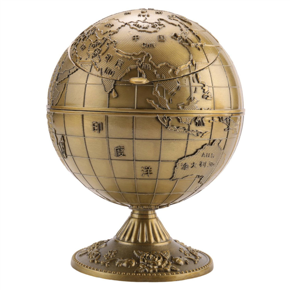 Vintage Metal with Lid Globe Ashtray European Retro Home Office Hotel Ashtray Decor Smoking Accessories, Ancient Cyan