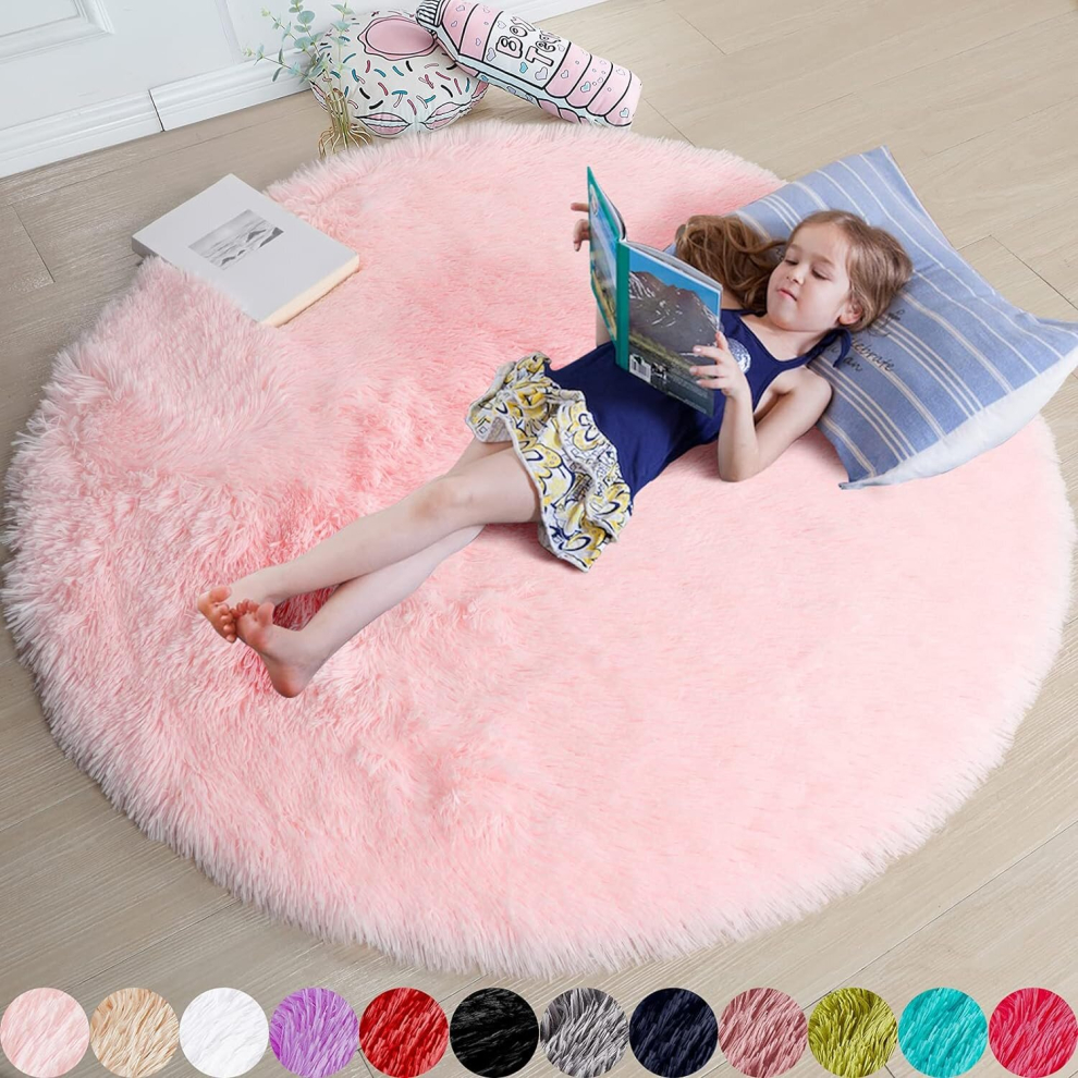 Blush Round Rug for Bedroom,Fluffy Circle Rug 4'X4' for Kids Room-(Pink Thickened 120*120cm)-image-OPC-PCNRDHQ-NEW