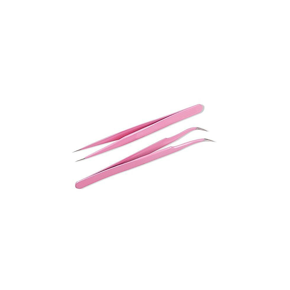 Tianfu Pink 2 Pcs Stainless Steel Tweezers For Eyelash Extensions, Straight And Curved Tip Tweezers Nippers, False Lash Application Tools