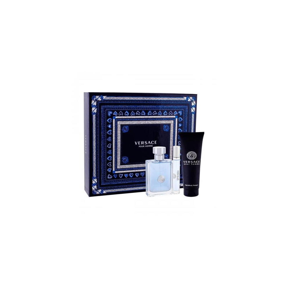 Versace Pour Homme 3 Pcs Set: 3.4 Eau De Toilette Spray + 0.3 Oz Eau De Toilette Spray + 5 Oz Hair & Body Shampoo