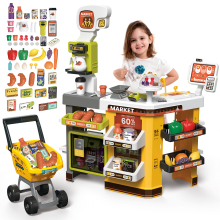 65-Piece Cash Register & Shopping Cart Play Set with Realistic Scanner, Lights, Sound, Smoke Effects and 65 Accessories - Safe ABS
