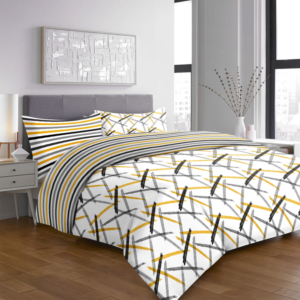 (Ochre Stripe, Single) Reversible Microfiber Quilt Duvet Cover Bedding Set Single Double King Super King Size With Pillowcases