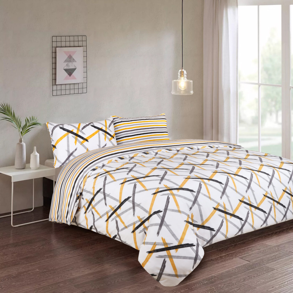 (Ochre Stripe, King) Reversible Microfiber Quilt Duvet Cover Bedding Set Single Double King Super King Size with Pillowcases