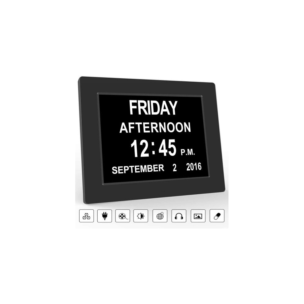 (Black) Calendar Memory Loss Day Clock with Digital Photo Frame 8 Inch Extra Large Non-Abbreviated Day & Month