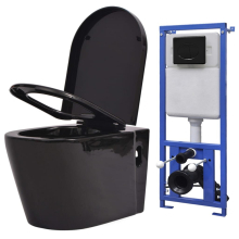vidaXL Wall Hung Toilet Black WC Pan Soft Close Seat Ceramic Concealed Cistern