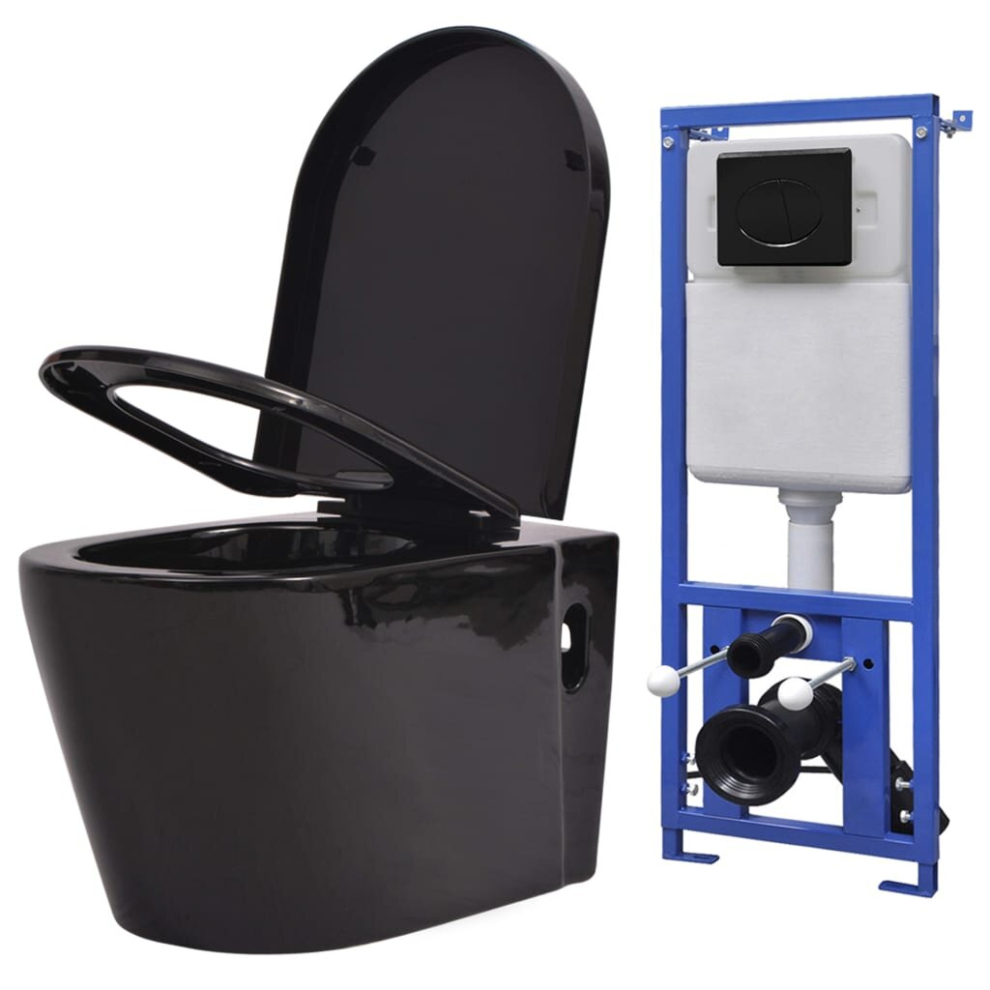 vidaXL Wall Hung Toilet Black WC Pan Soft Close Seat Ceramic Concealed Cistern