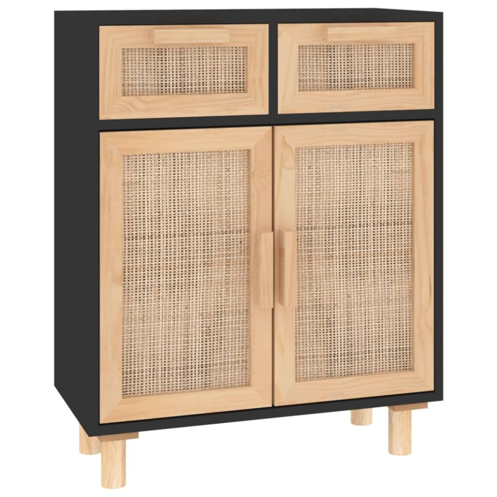 (black) vidaXL Sideboard Storage Cabinet Cupboard Solid Wood Pine and Natural Rattan