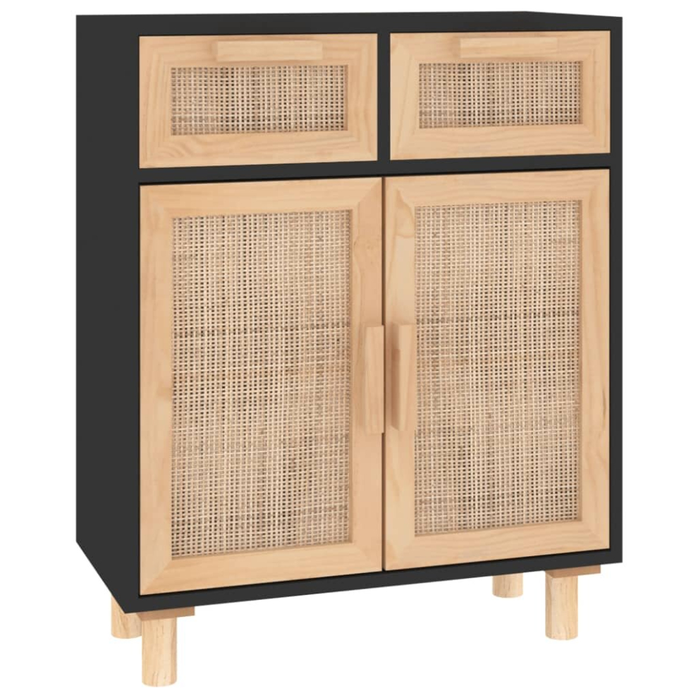 Vidaxl (Black) Sideboard Storage Cabinet Cupboard Solid Wood Pine And Natural Rattan Black