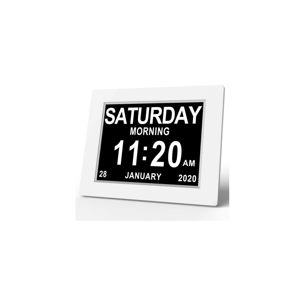 (White) Calendar Memory Loss Day Clock with Digital Photo Frame 8 Inch Extra Large Non-Abbreviated Day & Month