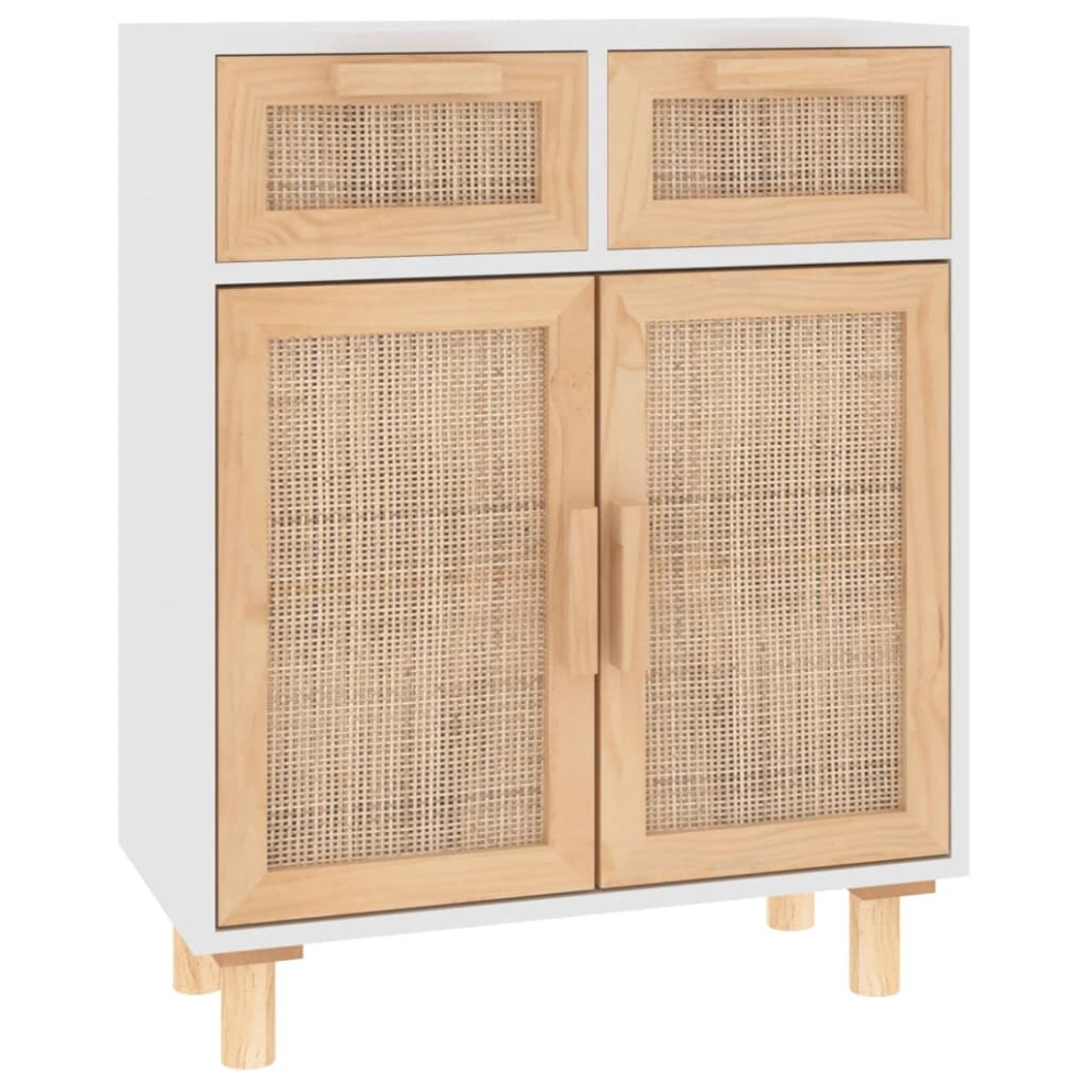 (white) vidaXL Sideboard Storage Cabinet Cupboard Solid Wood Pine and Natural Rattan