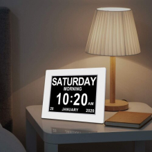 (White) Calendar Memory Loss Day Clock with Digital Photo Frame 8 Inch Extra Large Non-Abbreviated Day & Month