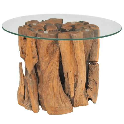 VidaXL vidaXL Solid Teak Driftwood Coffee Table 60cm Glass Tabletop Telephone Stand 2