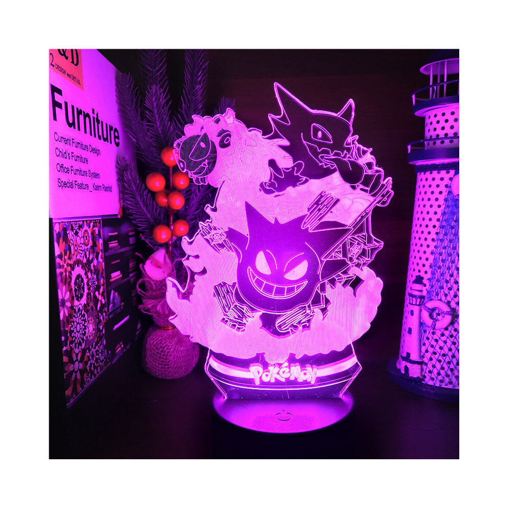 (Black Base Remote) Pokemon Gengar Anime Figure Cute Lampara 3D Led Night Light Colorful Kawaii