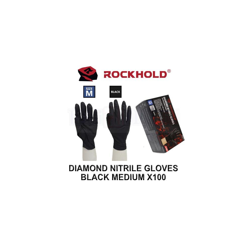 ROCKHOLD Medium Nitrile Diamond Grip Gloves Heavy Duty Disposable Latex Free Black x100