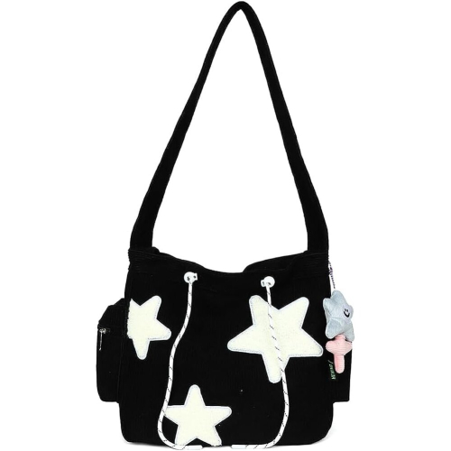 (Black) Cute Messenger Bag, Aesthetic Canvas Crossbody Bag, Y2K Star Shoulder Purse for Women Girls School