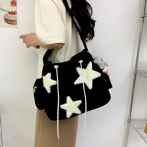 (Black) Cute Messenger Bag, Aesthetic Canvas Crossbody Bag, Y2K Star Shoulder Purse for Women Girls School 2