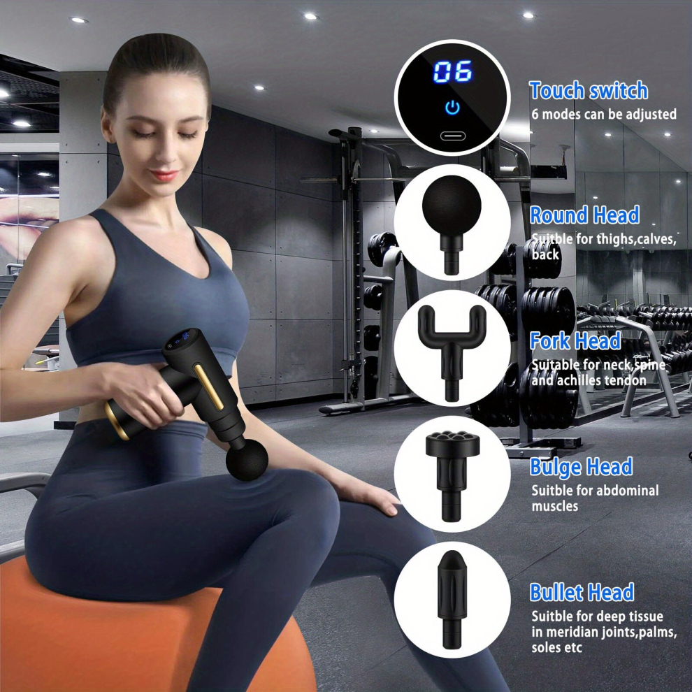 Black Mini Massage Gun Rechargeable Lcd Portable Body Massager 6 Speed Adjustment 4 Heads For Muscle Relaxation & Pain Relief
