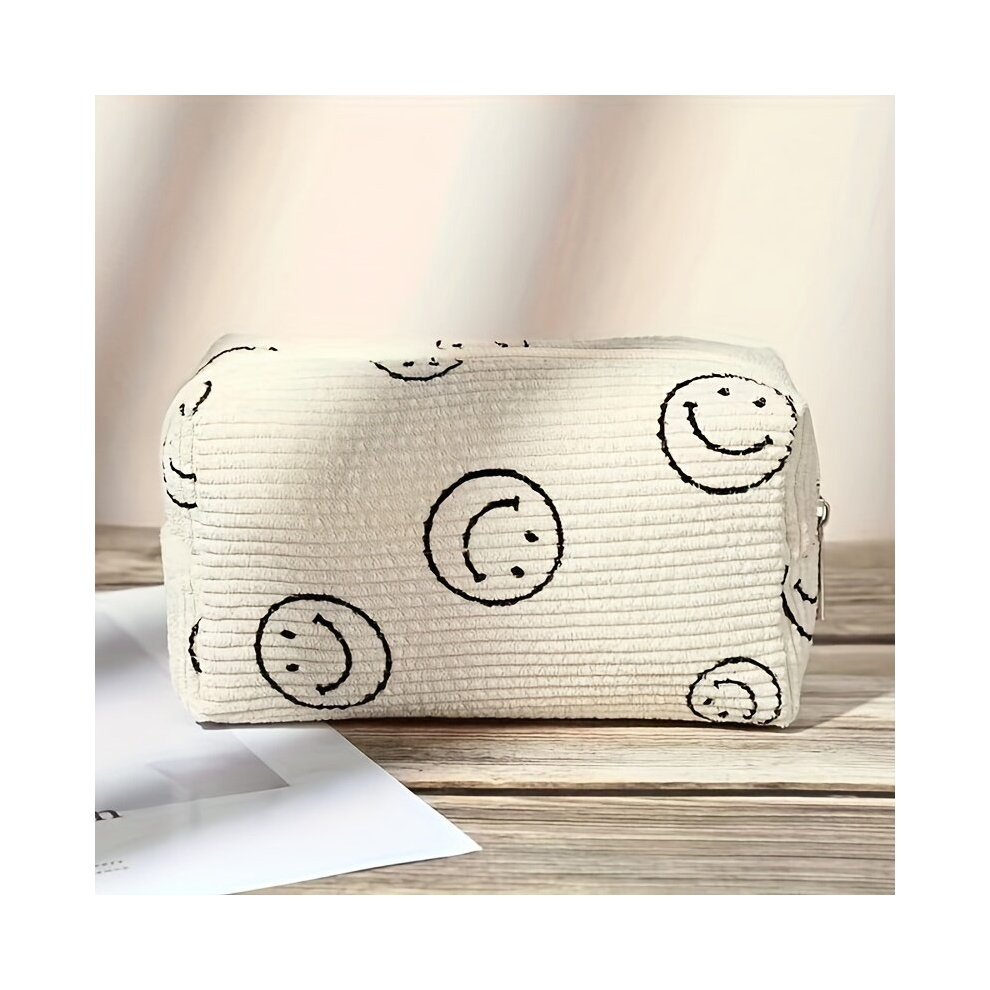 Vintage Corduroy Cosmetic Bag Smile Face Makeup Bag Travel Zippered Makeup Pouch For Purse Makeup Organizer Stuff For Women
