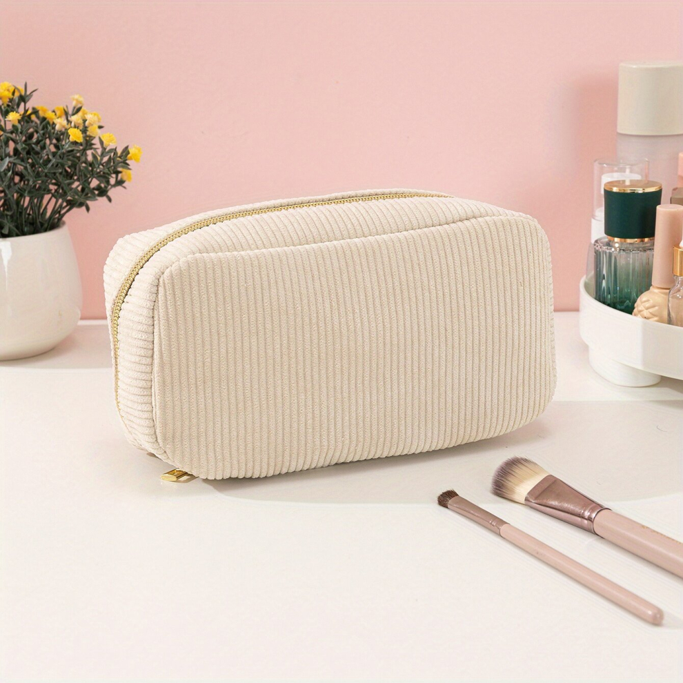 Multicoloured Corduroy Beige Makeup Bag Zipper Cosmetic Bag For Women Roomy Purse Makeup Pouch Travel Portable Toiletry Bag Accessories Organizer
