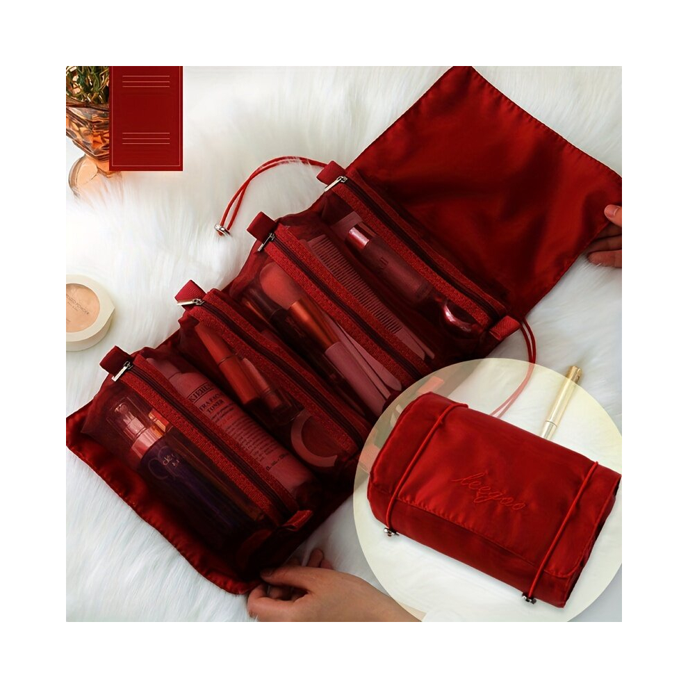 4 in 1 Makeup Bag Toiletry Bag Foldable Compact Cosmetic Kit Four Detachable Mesh Compartments Quick Roll Up Removable Dividers Makeup Organizer Cosme