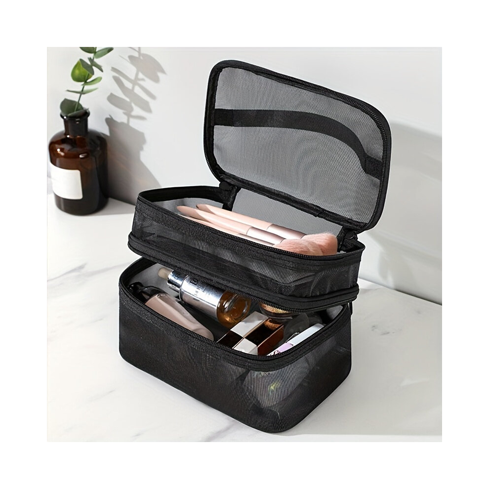 Double Layer Cosmetic Bag Toiletry Bag Travel Mesh Cosmetic Storage Bag Large Capacity Beauty Case Makeup Organizer With Handle