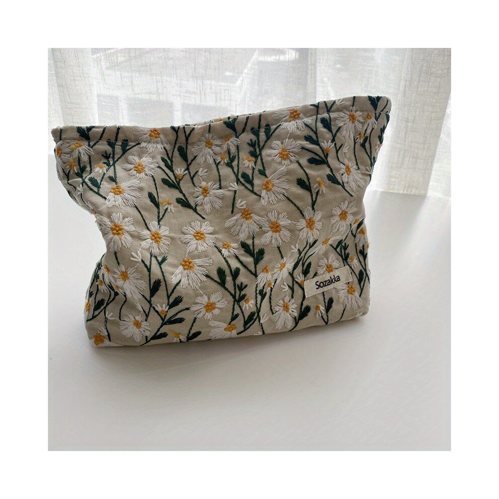 Roomy Flower Embroidered Makeup Bag with Zippered Closure Perfect for Travel and Organizing Makeup Brushes and Toiletries