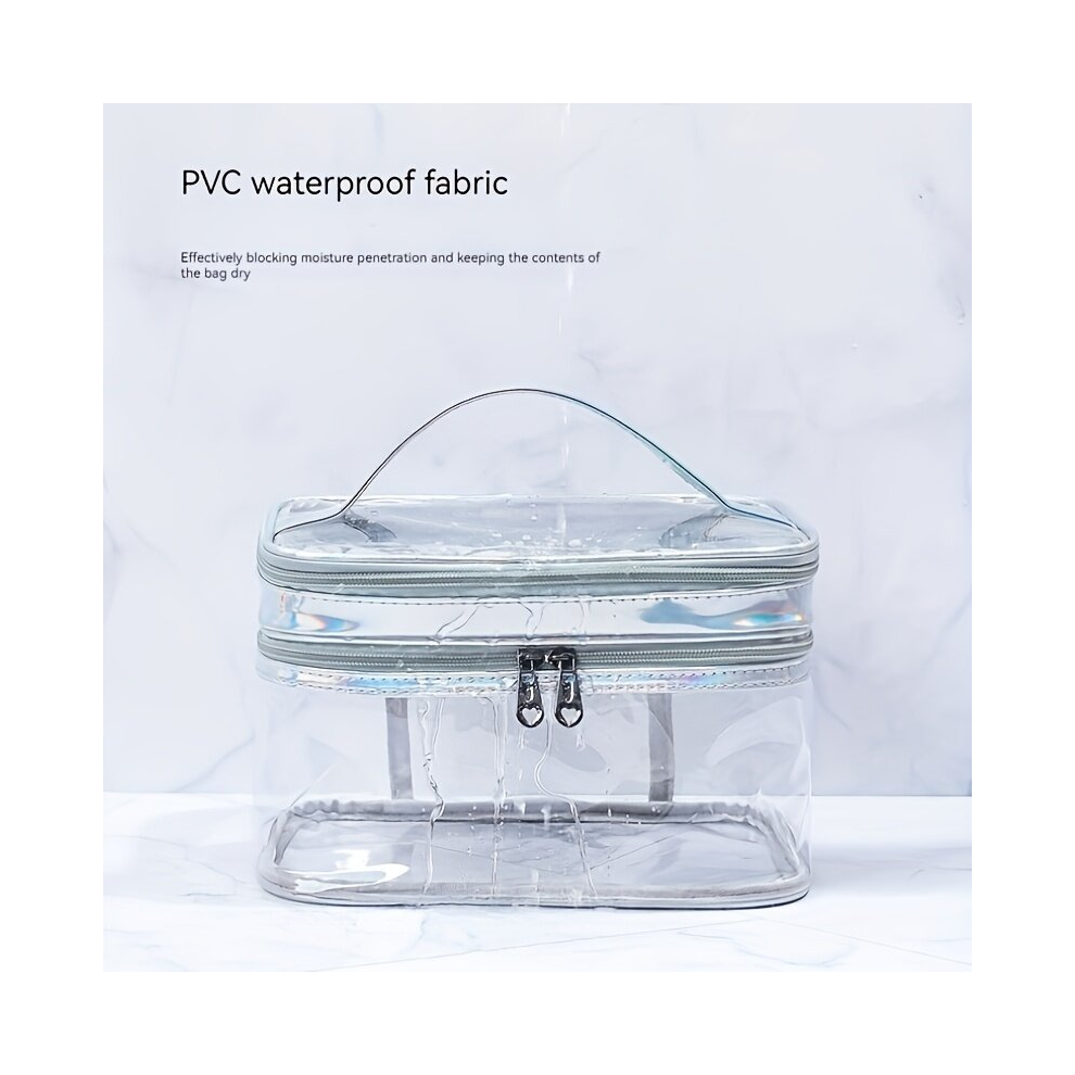 Clear Makeup Bag Double Layer Waterproof Cosmetic Bag With Zipper & Handle Large Capacity Toiletry Travel Bag Organizer For Girls Women