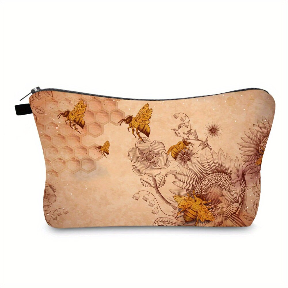 Multicoloured Sunflower & Bees Pattern Zippered Makeup Bag Portable Cosmetic Organizer Makeup Brush Bag School Stationery For Students Girl Adults