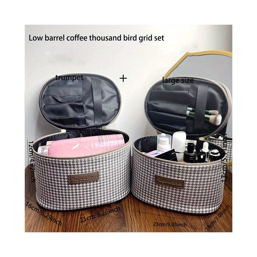 Houndstooth Pattern Makeup Bag Hard Shell Travel Case Large Capacity Toiletry Bag With Handle & Makeup Brush Holder Vintage Travel Organizer Great Gif