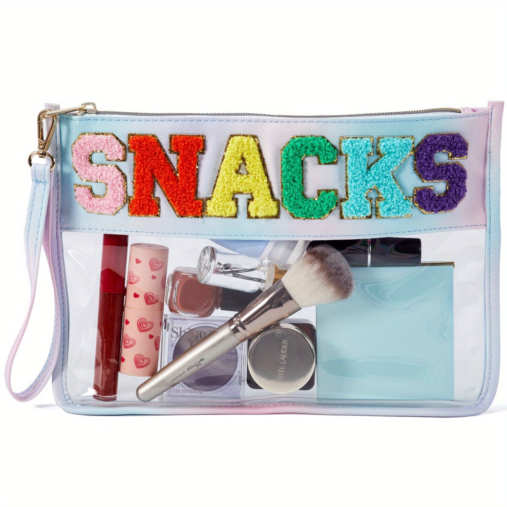 Chenille Letter Clear Zipper Pouch Nylon & PVC Waterproof Cosmetic Bag For Travel Toiletry Wash Bag Snack Pouch Makeup Travel Bag For Women Girls