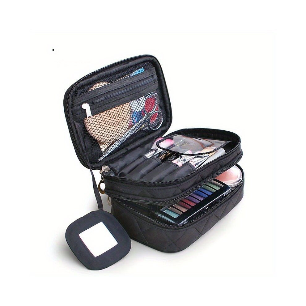 Black Nylon Double Layer Makeup Bag With Mirror Beauty Makeup Brush Bags Travel Kit Organizer Cosmetic Bag Professional Multifunctional Organiser With Handl
