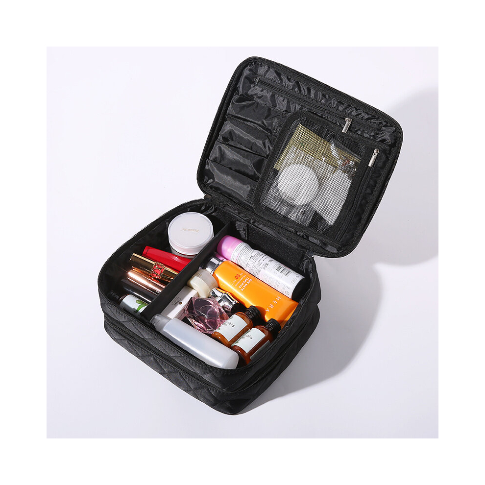 Black Large Capacity Double Layer Makeup Bag For Travel Portable Cosmetic Bag With
