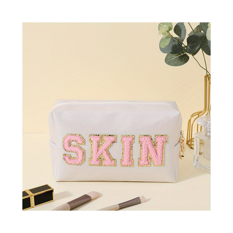 Multicoloured Preppy Makeup Bag Chenille Letter Cosmetic Bag Zipper Pouch Waterproof Portable Travel Toiletry Bag Makeup Organizer For Women