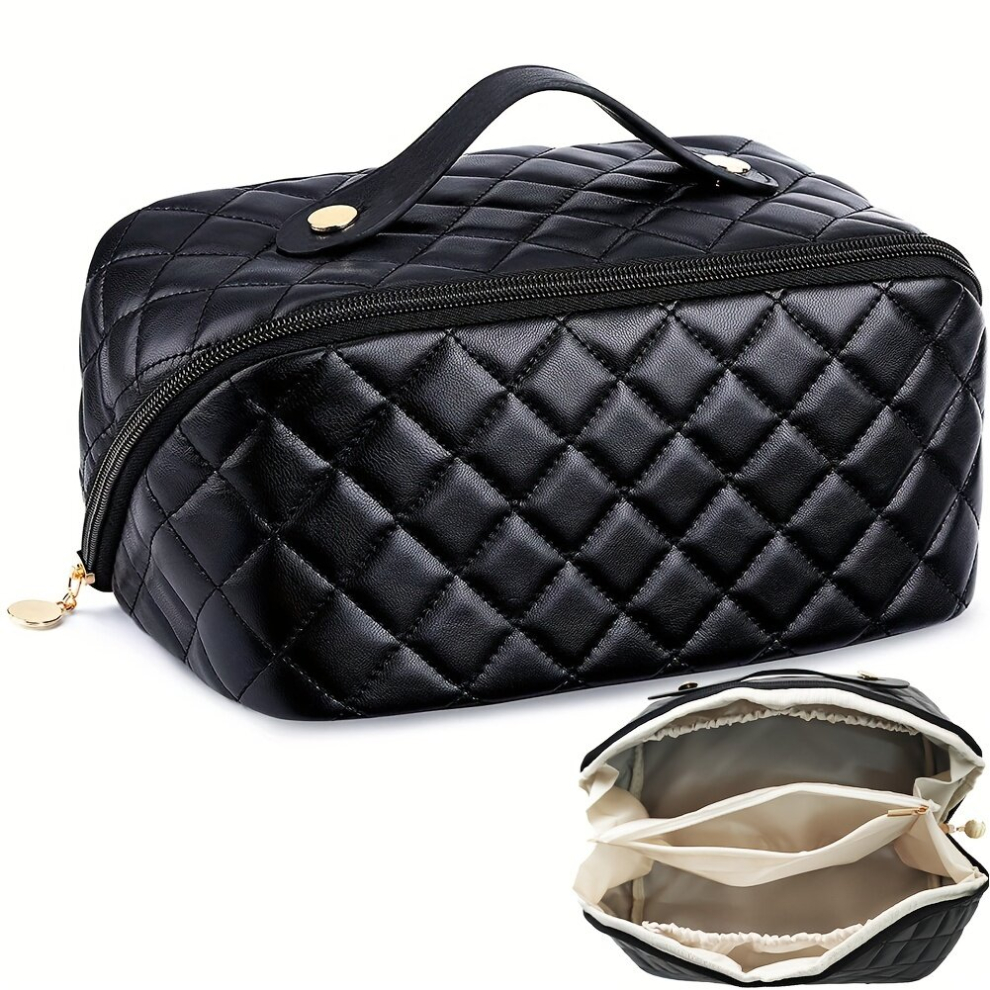 Black Large Capacity Travel Cosmetic Bag Portable Pu Leather Waterproof Travel Makeup Bag Flat Open Storage Bag With Handle Organizer Cosmetic Bag Skincare