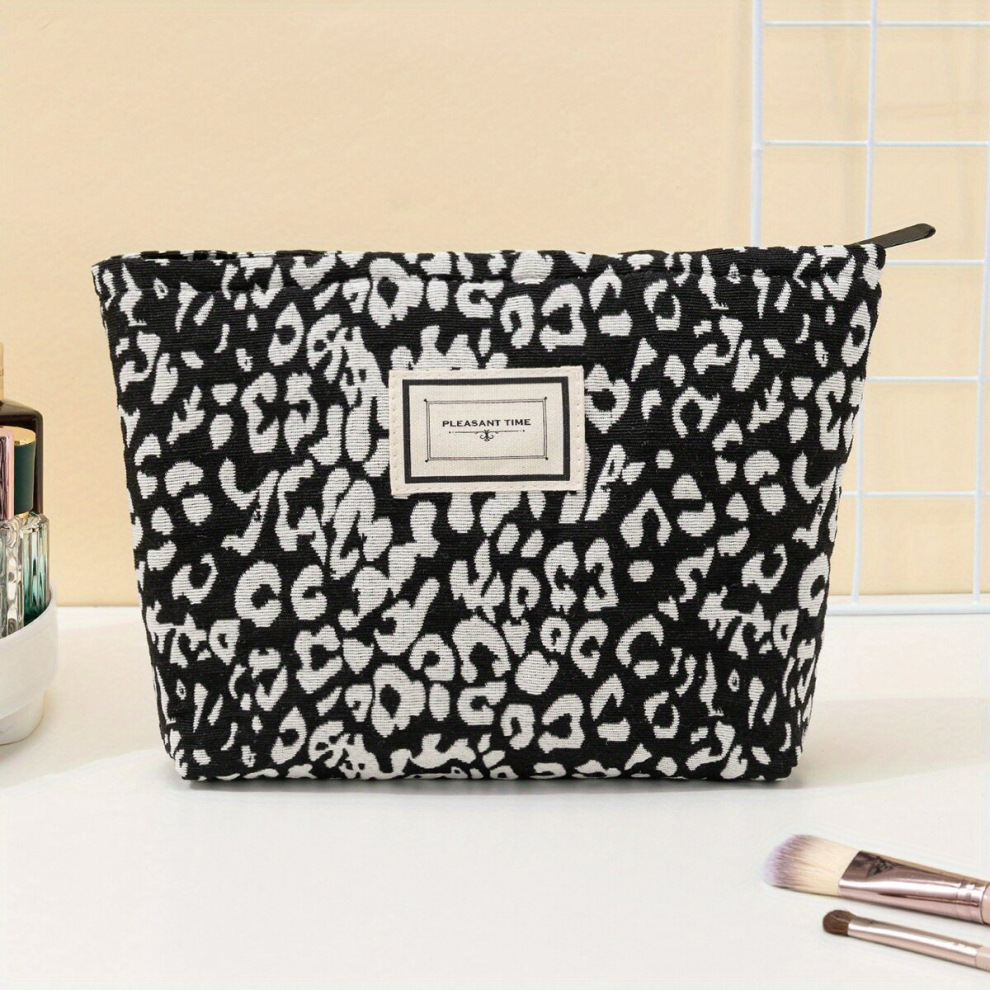 Black Roomy Leopard Pattern Makeup Bag Portable Travel Cosmetic Bag With Zipper For Organizing Toiletries For Girls And Women