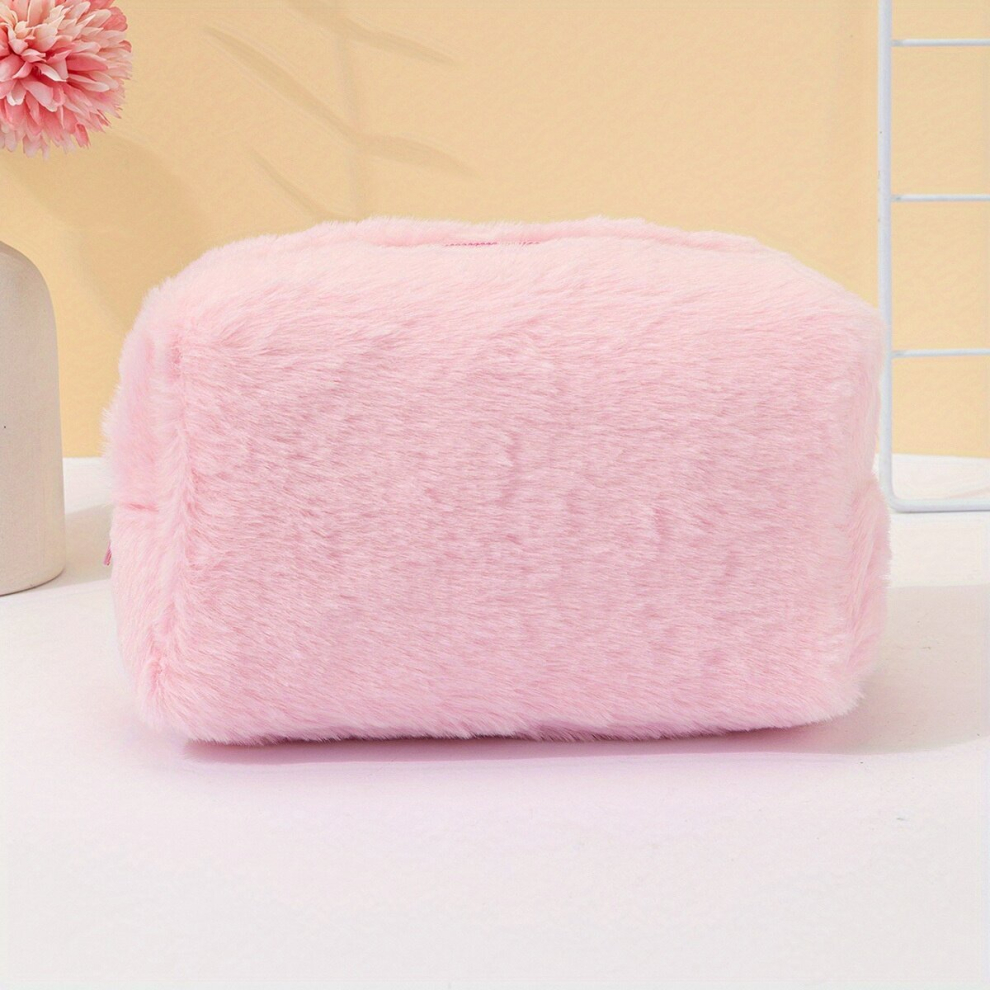 Solid Pink Plush Cosmetic Bag For Women Adorable Roomy Makeup Bag Travel Portable Toiletry Bag Accessories Organizer