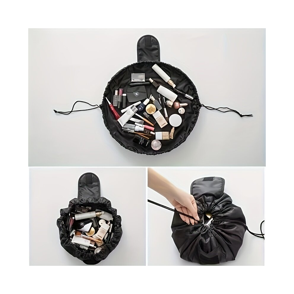 Black Lazy Drawstring Makeup Bag Large Capacity Travel Cosmetic Bag Portable Storage Makeup Organizer Travel Daily Use Cosmetic Pouch Toiletry Bag For Women