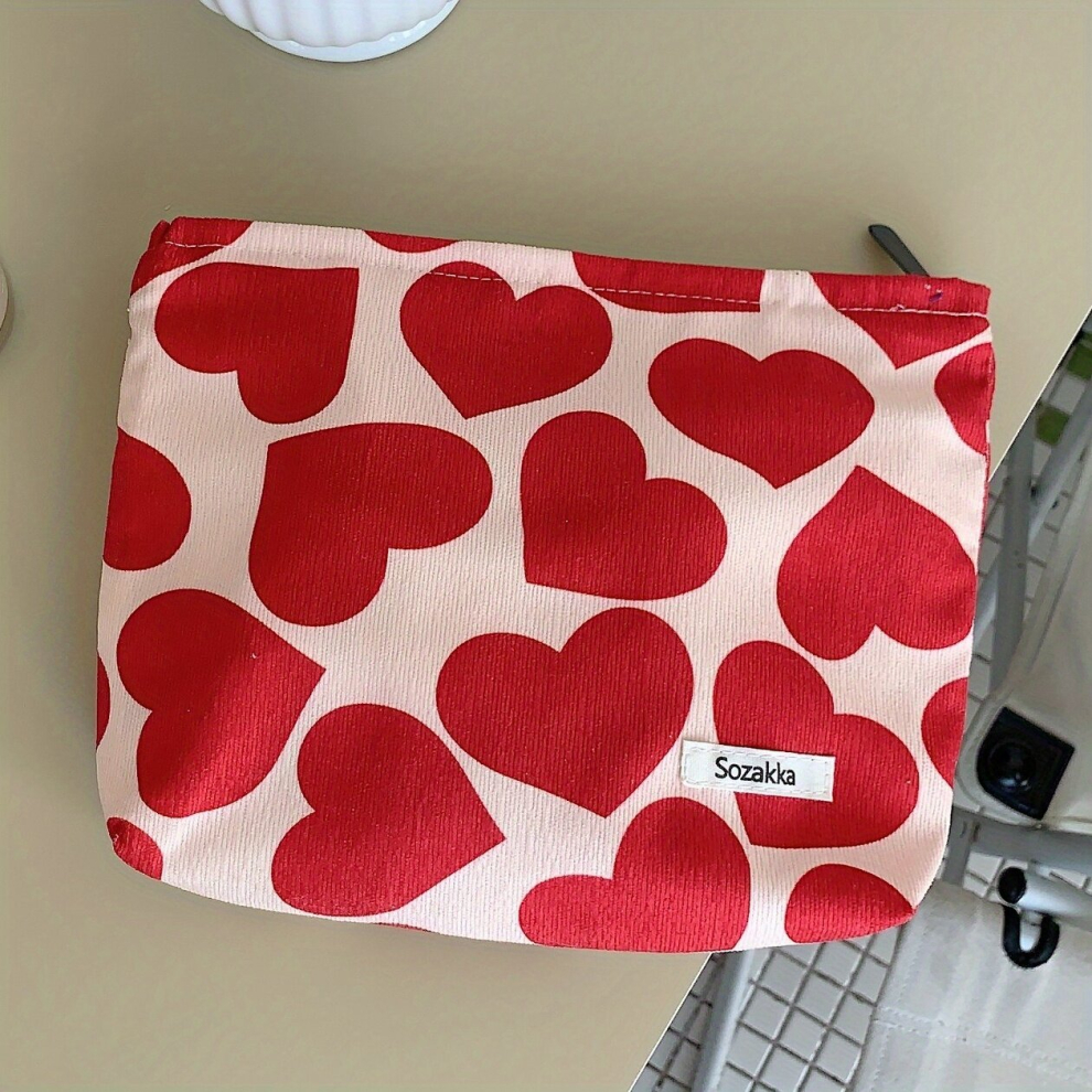 Multicoloured 1Pc Love Heart Pattern Makeup Pouch Roomy Zipper Travel Toiletry Bag For Girls And Women Perfect Gift For Beauty