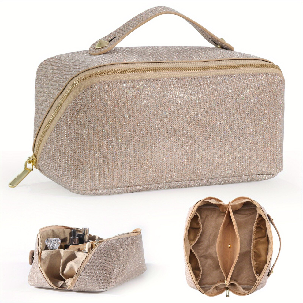 Large Capacity Travel Makeup Bag For Women Large Opening Sparkly Cosmetic Bag Portable Makeup Bag Opens Flat For Easy Access Toiletry Bag Large Cosmet
