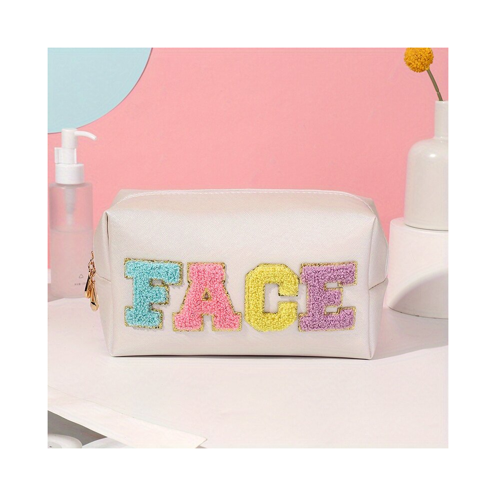 Multicoloured Preppy Patch Makeup Bag Face Chenille Letter Cosmetic Pouch Make Up Skincare Travel Organizer For Women Pu Leather Colorful Letter Clutch Purse Toilet