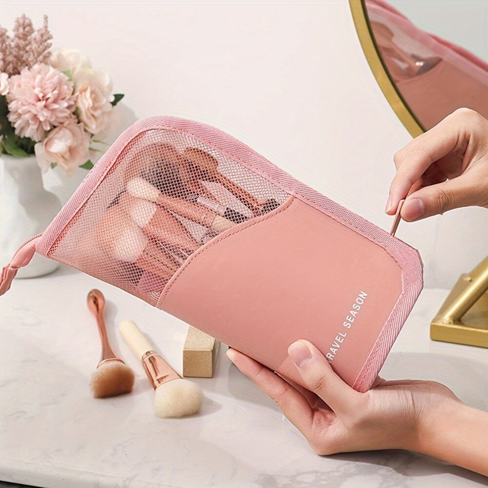 Makeup Brush Bag Multifunctional Makeup Brush Organiser Bag Half Clear Travel Makeup Brush Holder Waterproof Standing Zipper Cosmetic Brush Pouch Poly